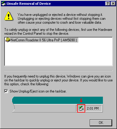 Example of the unsafe removal dialog box